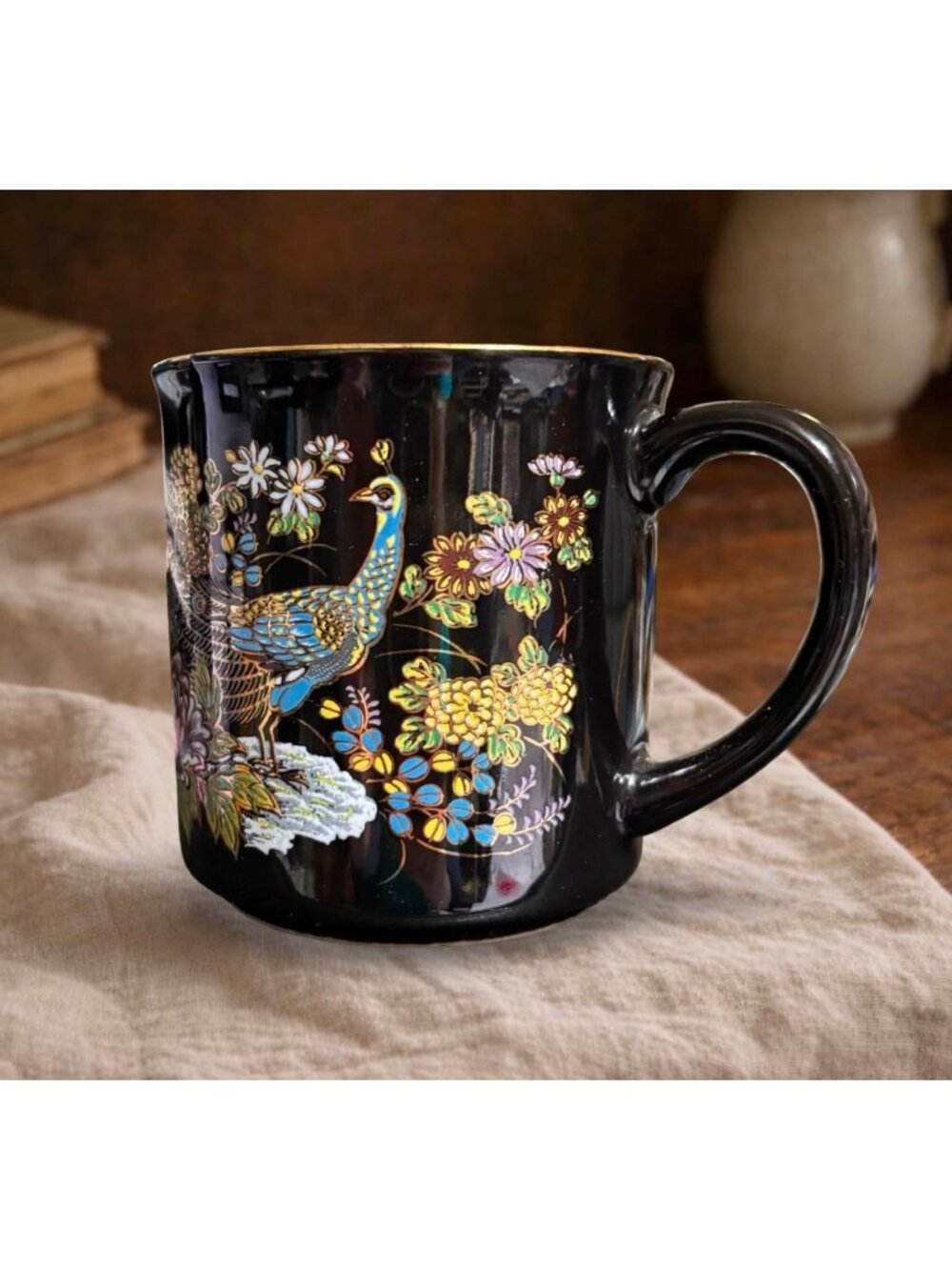 Vintage Blue Ceramic Peacock Mug With Hand-Painted & Floral Design Gold Rim Mad